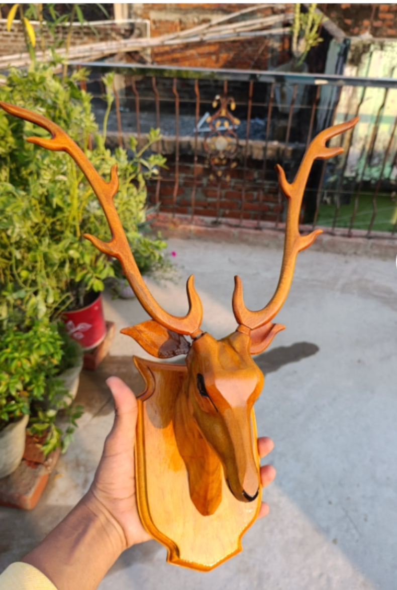 Luxury Wooden Deer Head Wall Decor - Elegant Handcrafted Showpiece For Modern Homes