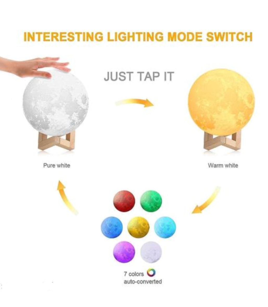 3D Crystal Moon Lamp - Romantic LED Night Light with Wooden Base