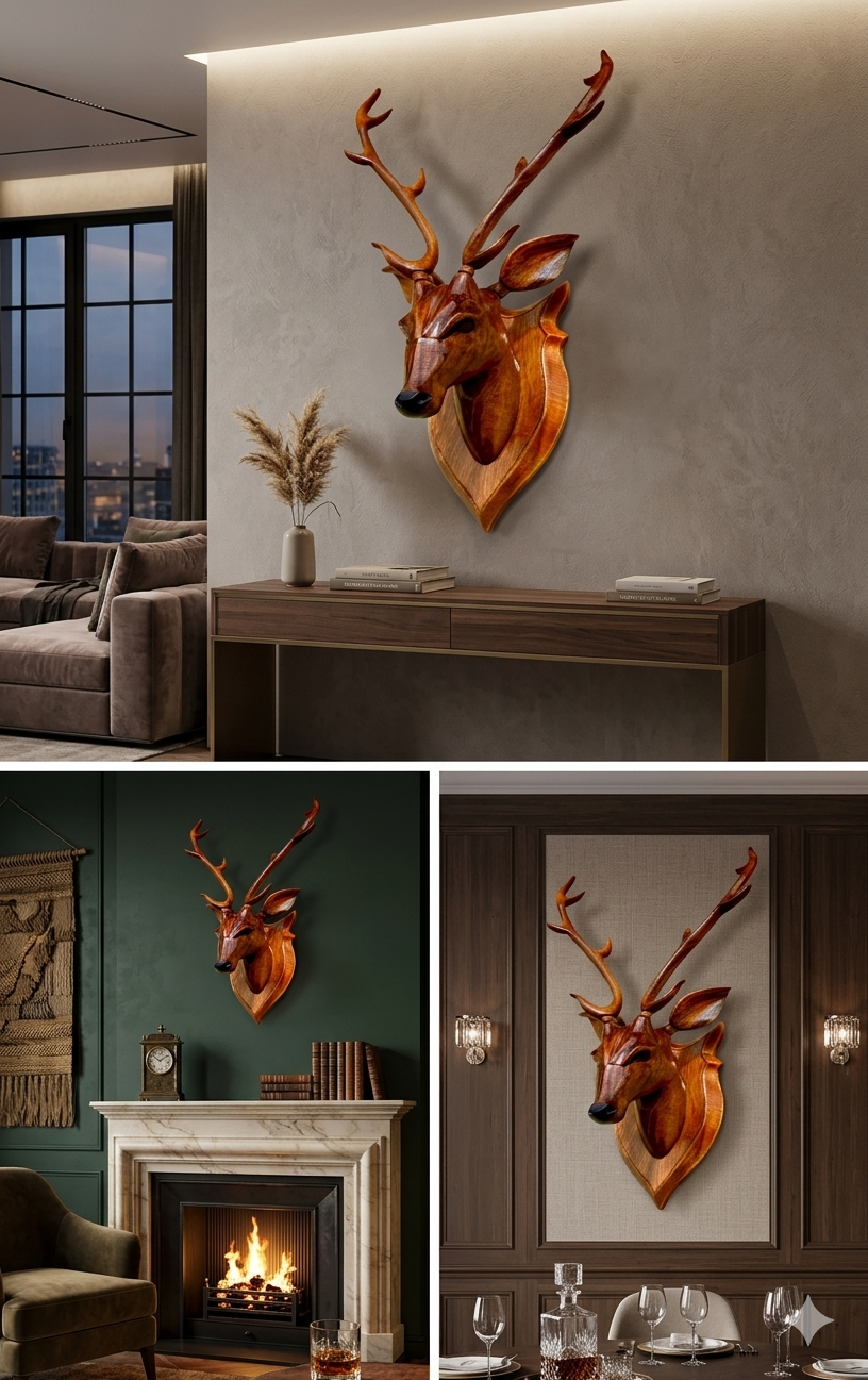 Luxury Wooden Deer Head Wall Decor - Elegant Handcrafted Showpiece For Modern Homes