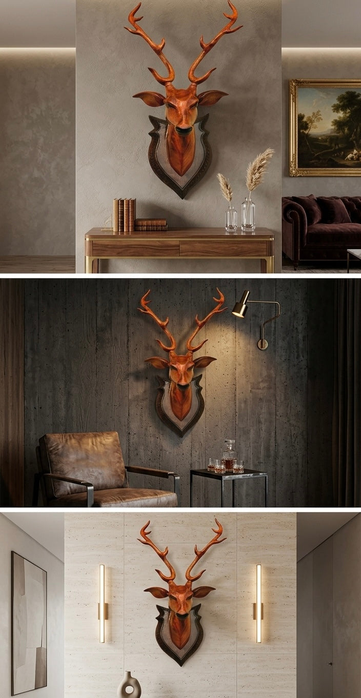 Luxury Wooden Deer Head Wall Decor - Elegant Handcrafted Showpiece For Modern Homes
